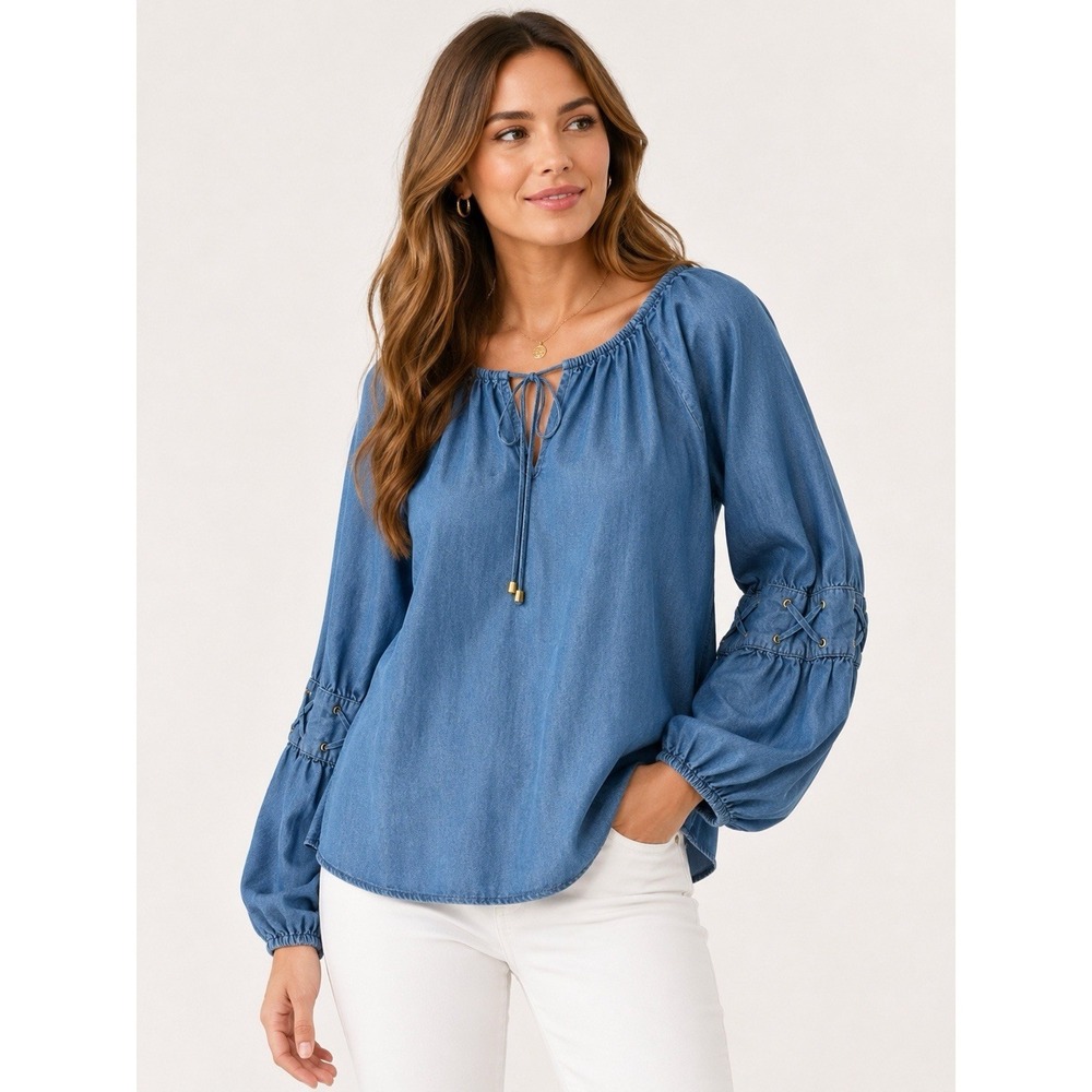 Michael Kors Chambray Lyocell Peasant Blouse Boho Balloon Sleeve Top L